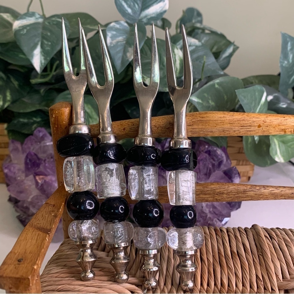 4 Glass Beaded Stainless Steel Forks Appetizers Olives Charcuterie Cocktail Set